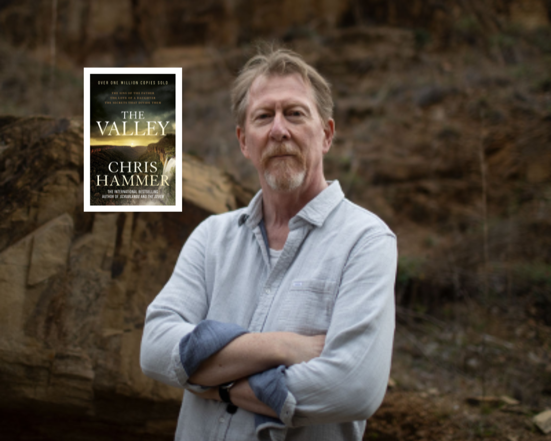 Image of crime author Chris Hammer and his latest book, The Valley.