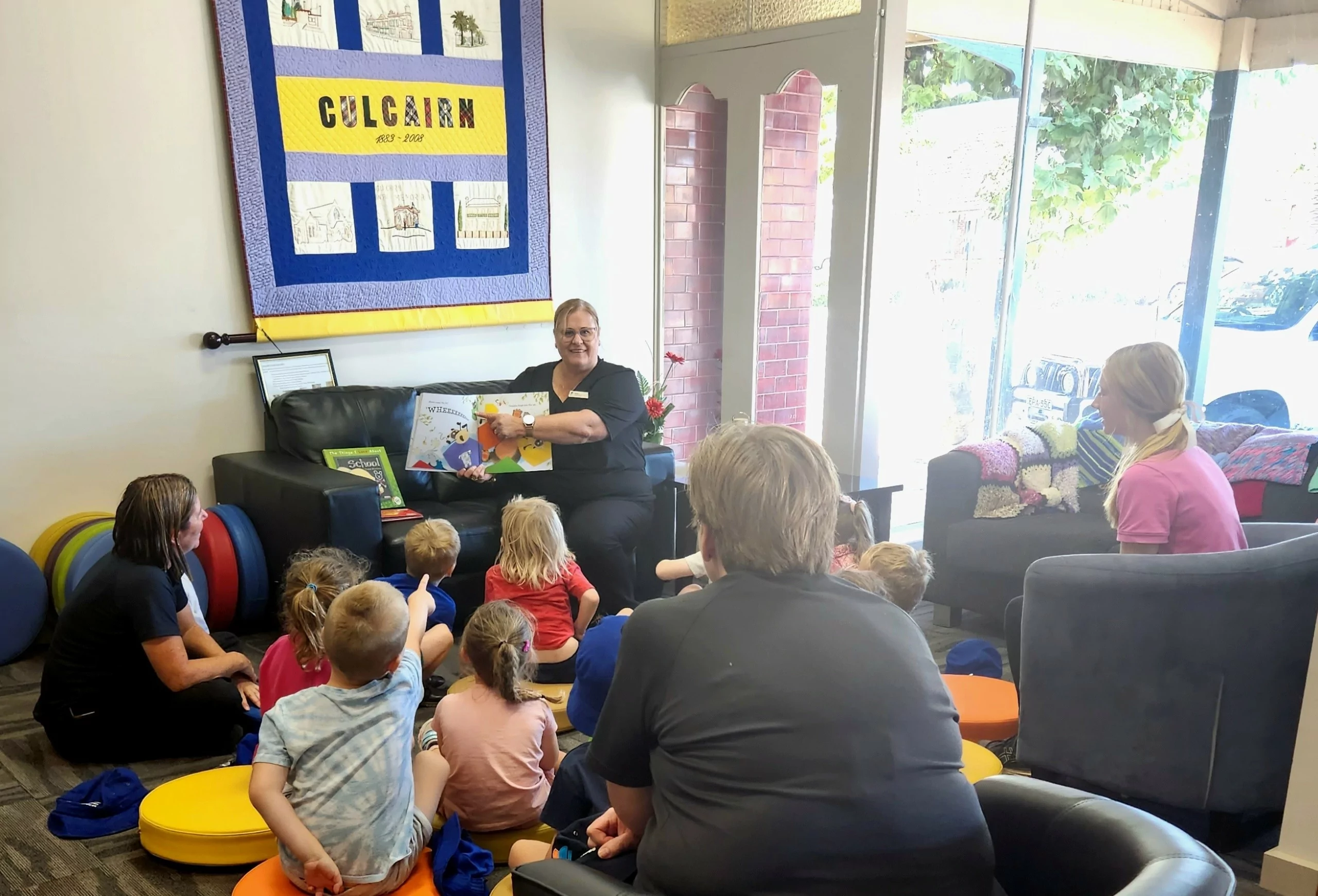 Photo shows storytime at Culcairn Library