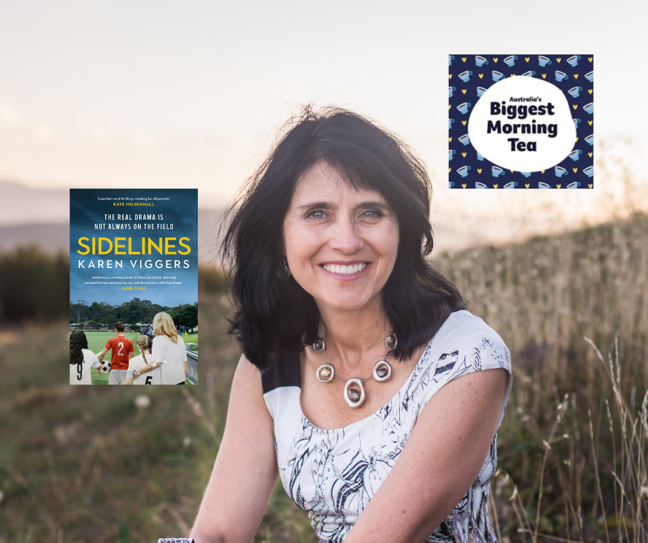 Composite image of Karen Viggers with her book Sidelines