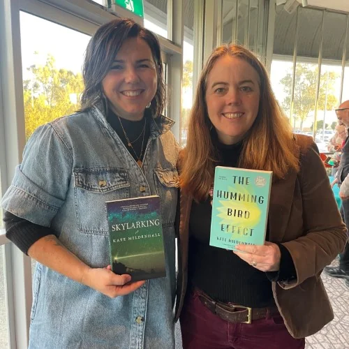 Katrina Roe with the author Kate Mildenhall and her books Skylarking and The Hummingbird Effect